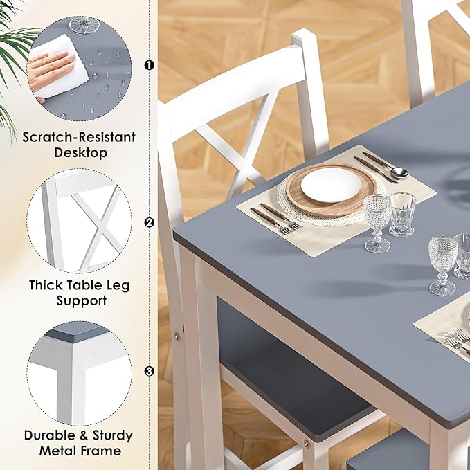 SogesPower Dining Table Set for 4, Wood Rectangular Kitchen Dining Table Set with 4 Chairs, 5-Piece Space-Saving Kitchen Table Set for Dining Room Small Space, Grey+White 43"