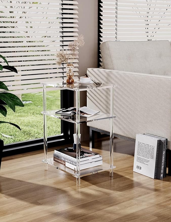Acrylic Side Table Clear 3-Tier End Table for Living Room, Office, Hallway, Bedroom Small Bedside Table