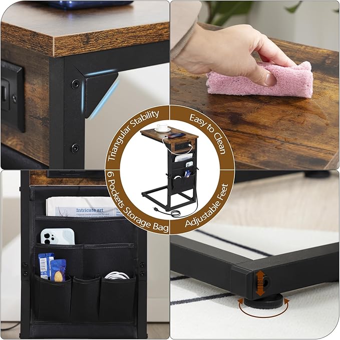 AMHANCIBLE C Shaped End Table with Charging Station, TV Tray Set of 2, Couch Tables with Storage Bag, Slide Under Sofa Side Table with USB Ports and Outlets for Living Room, Rustic Brown HET04CBR