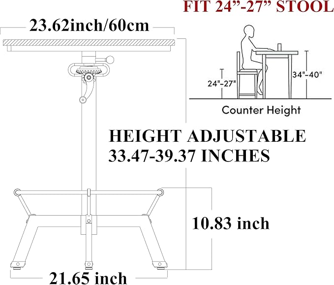 LOKKHAN 33.5-39.4 Inch Tall Industrial Bar Table-Adjustable Bar Height Bistro Whiskey Pub Table-23.7" Dia Swivel Round Wood Top Metal Base-Easily Adjusts by Crank Handle