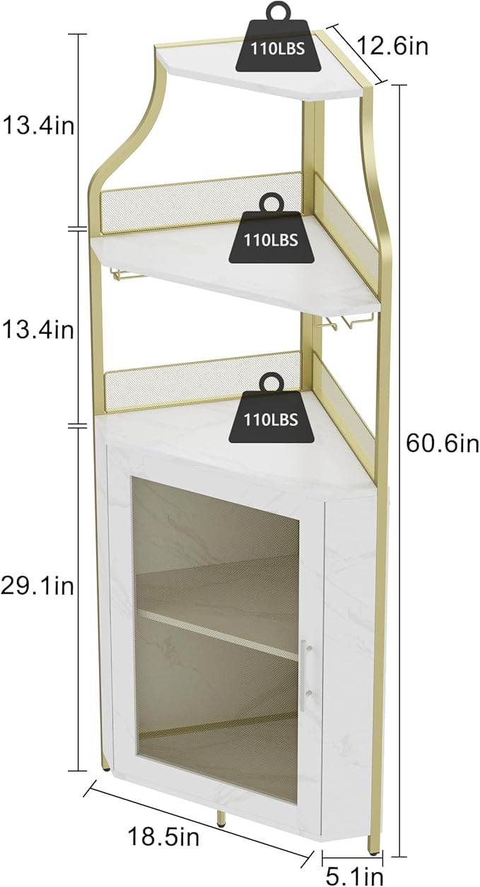 GarveeHome Corner Wine Cabinet with Detachable Wine Rack, 5-Tier Industrial Corner Bar Cabinet with Barn Door and Glass Holder, Farmhouse Buffet Cabinet and Home Bar, Gold