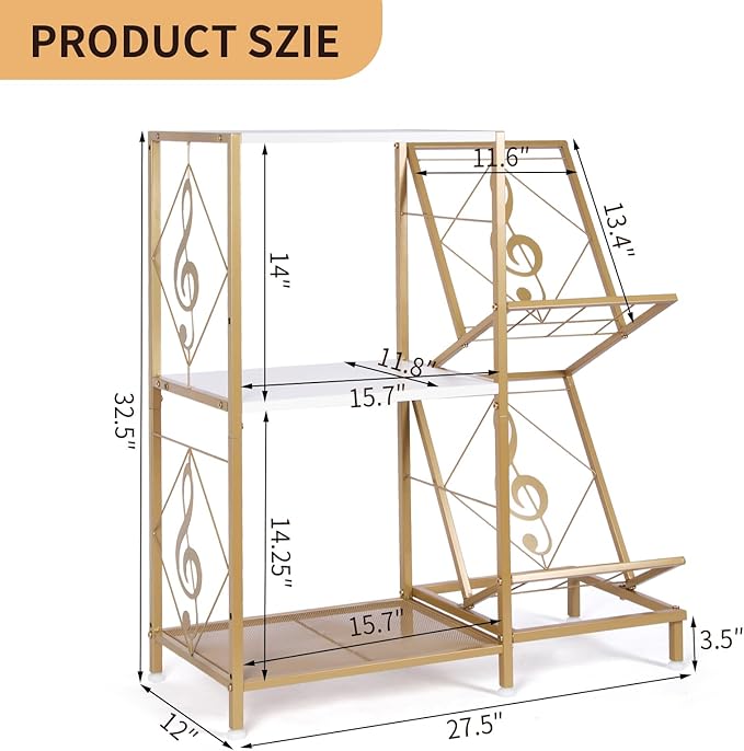 Record Player Stand with Vinyl Record Storage, Turntable Stand with 2-Tier Vinyl Display Shelf & Metal Frame, Vinyl Holder for Living Room, Gold & White