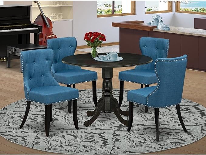 East West Furniture DLSI5-ABK-21 5 Piece Kitchen Table & Chairs Set Includes a Round Dining Room Table with Dropleaf and 4 Blue Linen Fabric Upholstered Chairs, 42x42 Inch, Wirebrushed Black