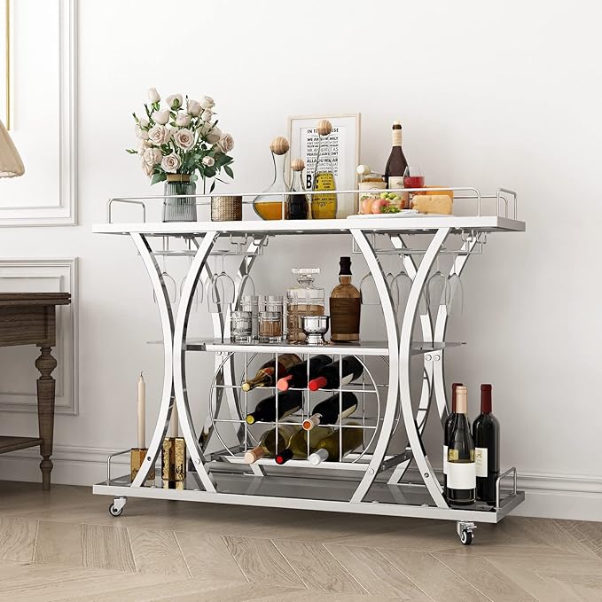 Silver Bar Carts with Glass Holders & Wine Rack,3 Tier Home Bar Serving Carts with Glass Shelves,Metal Rolling Bar Carts for The Home Kitchen, Party