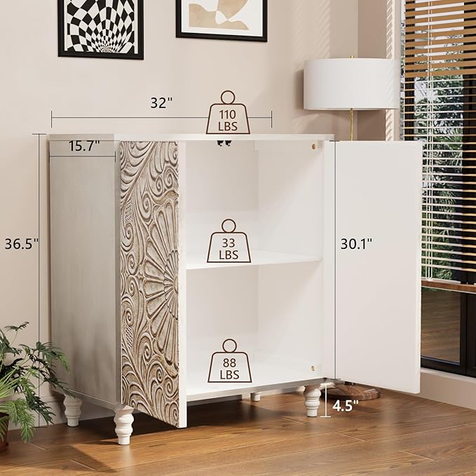 COSIEST 32" W Sideboard Buffet Cabinet with Storage, Accent Cabinet with 2 Push-to-Open Magnetic Doors, Vintage MDF Buffet Table for Living Room, Kitchen, Hallway (Gray,Flower Pattern)