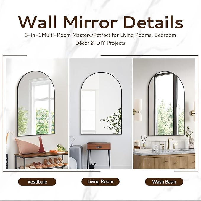 Arched Wall Mirror 20"X30", Black Bathroom Vanity Mirror with Frosted Metal Frame, Modern Farmhouse Mirror Wall Mounted, Curved Arch Design for Bedroom, Living Room & Home Decor