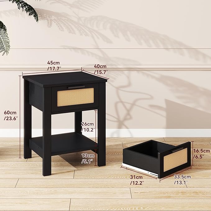 IBUYKE Rattan Nightstand, Boho Night Stand with Drawer, Wood Bedside Tables with Storage Shelf, End Table with Legs for Bedroom, Black UWNS011B