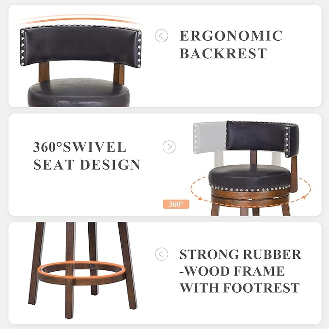 COLAMY Swivel Bar Stools Set of 2, Swivel Counter Height Barstools, 25 Inch Upholstered Barstools for Kitchen Island Dining Room Bar, Dark Brown