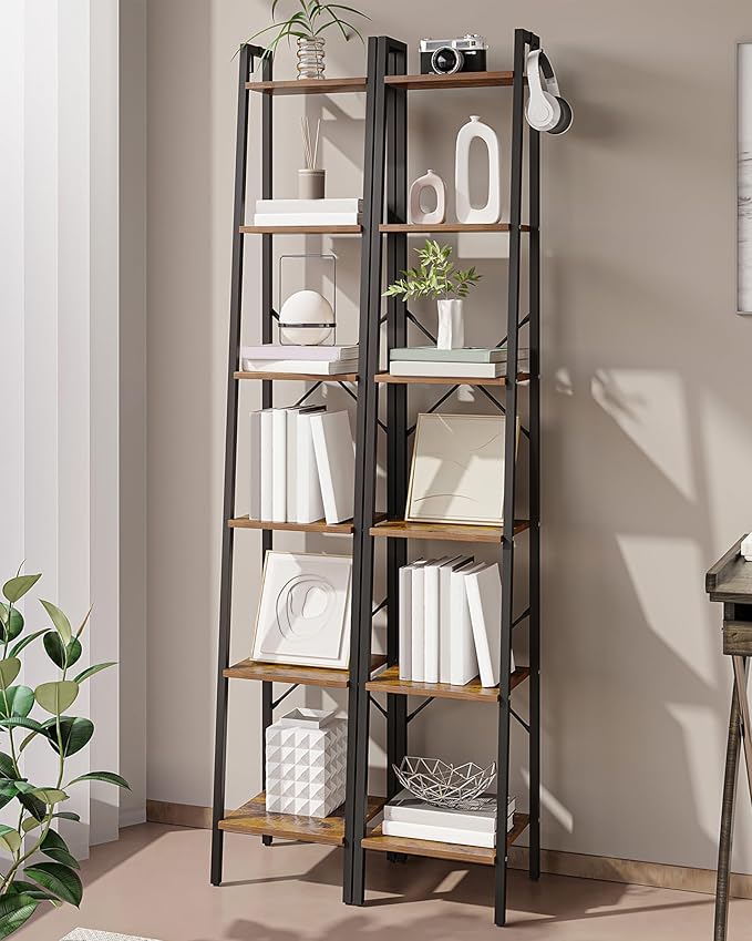 Ladder Shelf, Bookshelf Bookcase, Freestanding Corner Storage Shelve with 2 Hooks for Home Office, Living Room, Kitchen, Bedroom, Industrial, 6-Tier Rustic Brown BC13301B