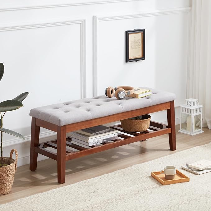Upholstered Shoe Bench Entryway Bench for Bedroom, End of Bed, Ottoman Bench Tufted Padded Seat with Solid Wood Shelf for Living Room, Linen Ash Gray