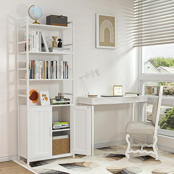 White Bookshelf with Doors,70" Tall Bookcase with Storage Cabinet,6 Tier Book Shelf for Living Room/Bedroom/Home Office/Kitchen,70"(H)*26"(L)*11.8"(W)