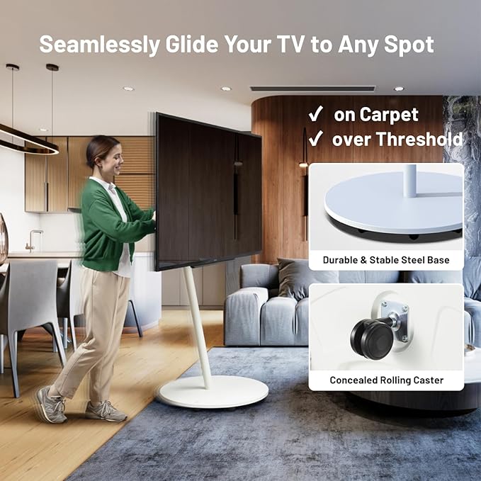 WALL Seven Stand A2 Grand | Rolling TV Stand for 45–80" w/ 15.75" AV Shelf | Satin White | Portable TV Stand with Shelf | Height Adjustable, Space Saving, for Living Room, Bedroom and Office