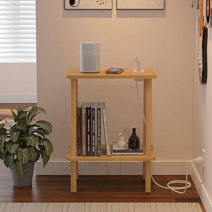 Apicizon 2 Tier End Table, Small Side Table with Charging Station, Boho Bedside Table with USB Ports and Outlets, Nightstand for Small Spaces, Bedroom, Living Room, Entryway, Easy Assembly, Natural