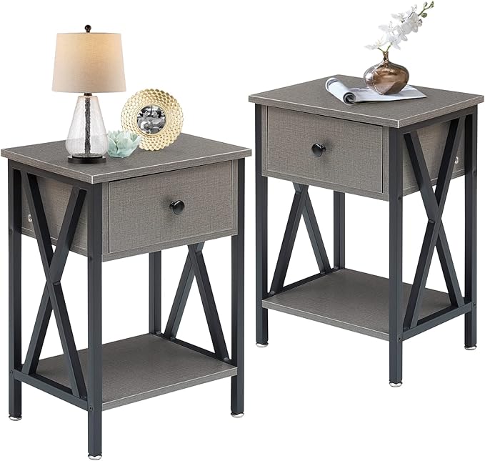 VECELO Nightstands Set of 2, Modern Bedside End Tables, Night Stands with Drawer and Storage Shelf for Living Room Bedroom, Industrial Metal Frame