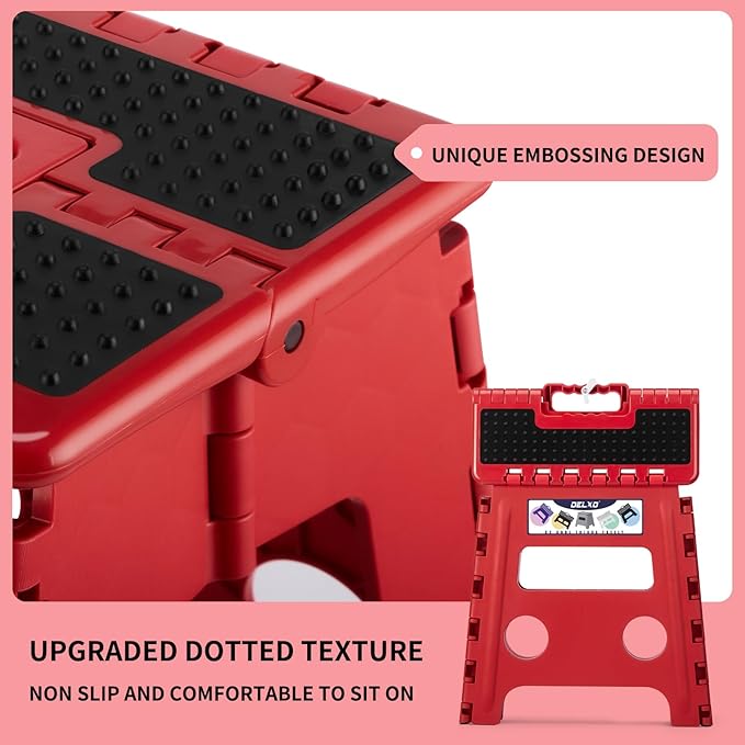 Delxo Folding Step Stool,Non-Slip Stool 13 inch Height Premium Heavy Duty Foldable Stool,Kitchen Garden Bathroom Steppingstool 1 Pack in Red,Dotted Texture