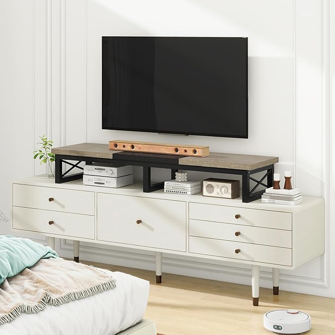 IBUYKE 45" Large TV Riser for 32-60 inch TV,Tabletop Short TV Stand with Storage and Steel Legs,Dual Screen Office Desk,Stand Riser,TV Riser Stand for Home,Bedroom,Living Room,Black TVT002B