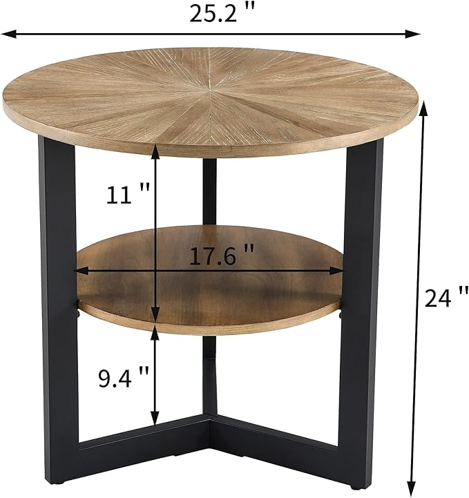 LEEMTORIG Round Side Table, Large 2-Tier End Table Nightstand with Metal Legs, Modern Bedside Couch Table for Living Room, Bedroom, Office, Rustic Natural/Black, 25.2 x 25.2 x 24 inches CJZ-1338