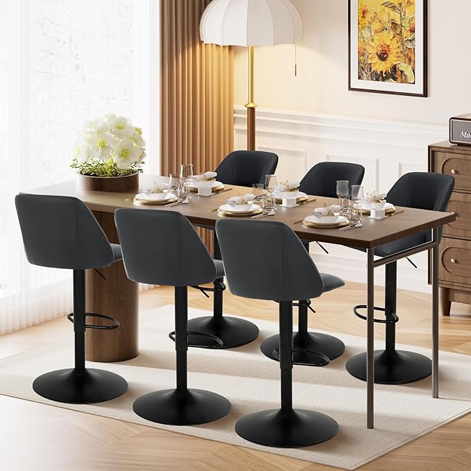 COLAMY Bar Stools Set of 4, Modern Swivel Bar Chairs, Adjustable PU Leather Upholstered Barstools Counter Height with Full Backrest for Bar, Dining Room, Kitchen Island, Black