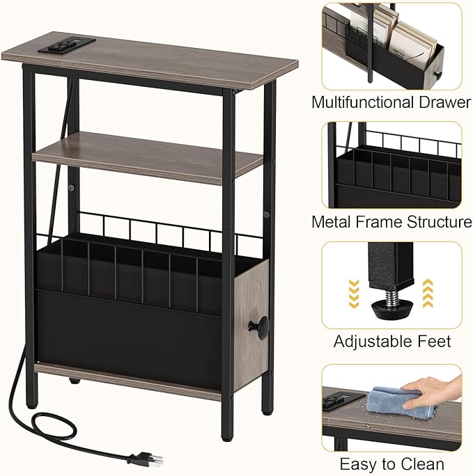 Snughome Narrow Side Table with Charging Station, Slim End Table for Small Spaces, 3 Tier Skinny Nightstand with Drawer, Sofa Beside Table with Storage Shelf for Living Room Bedroom Grey