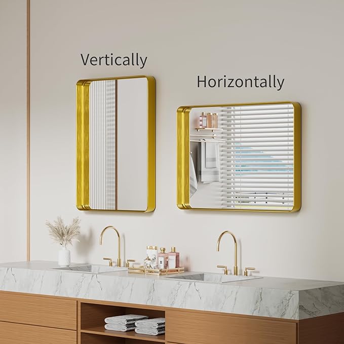 Koonmi Gold Bathroom Mirror for Wall, 22x30 Inch Matte Metal Deep Framed Rounded Corner Wall Mirror, Shatterproof Tempered Glass for Farmhouse Bedroom Entryway, Vertically or Horizontally