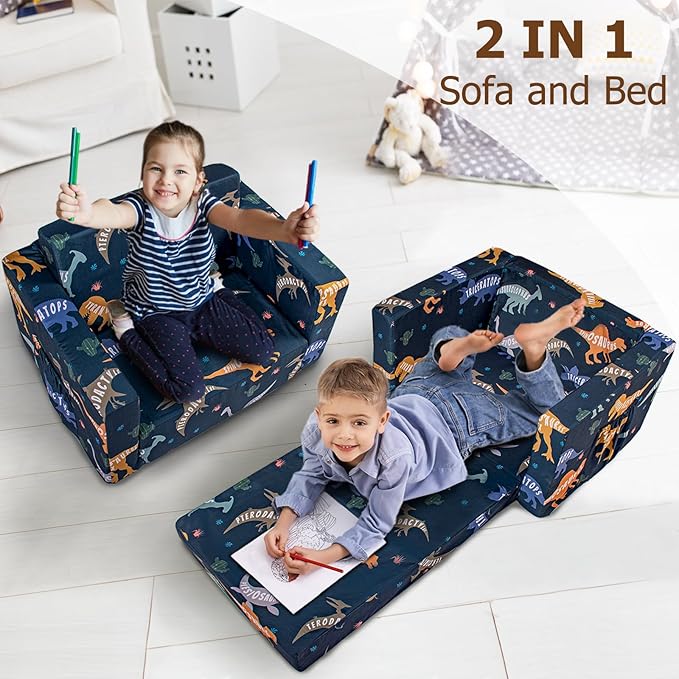 Kids Couch, 2-in-1 Kids Fold Out Couch, Convertible Kid Sofa to Lounger for Girls and Boys, Soft Toddler Chairs Comfy 1-3 Years Old (Dinosaur)