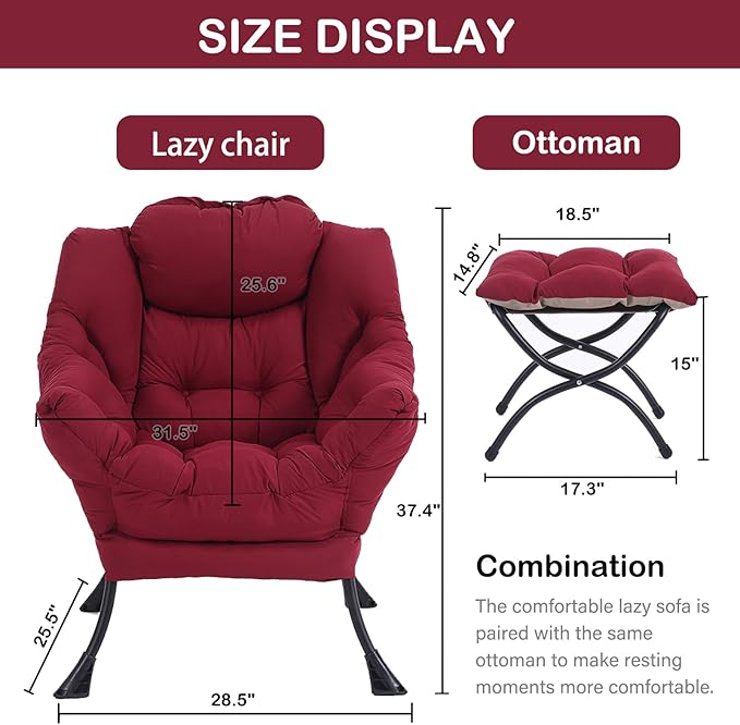 LITA Lazy Chair with Ottoman, Modern Accent Leisure Upholstered Sofa, Contemporary Lounge Reading Chair with Armrests and a Side Pocket for Living Room, Bedroom & Small Space, Burgundy