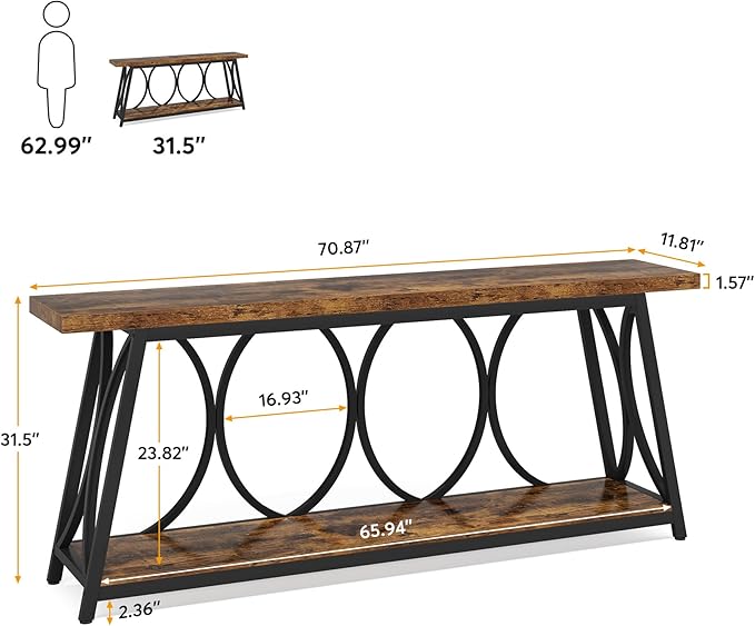 Tribesigns 70.9 inch Extra Long Console Table, Industrial Sofa Table Behind Couch with 2 Tier Storage Shelf, Narrow Entryway Hallway Accent Table for Living Room, Rustic Brown