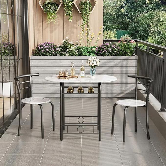 Shahoo 3-Piece Wooden Dining Table Set, Kitchen Breakfast Nook Sets with 2 Chairs & Round Tabletop, Space Saving Furniture Metal Frame and Built-in Wine Rack, Marble White & Black