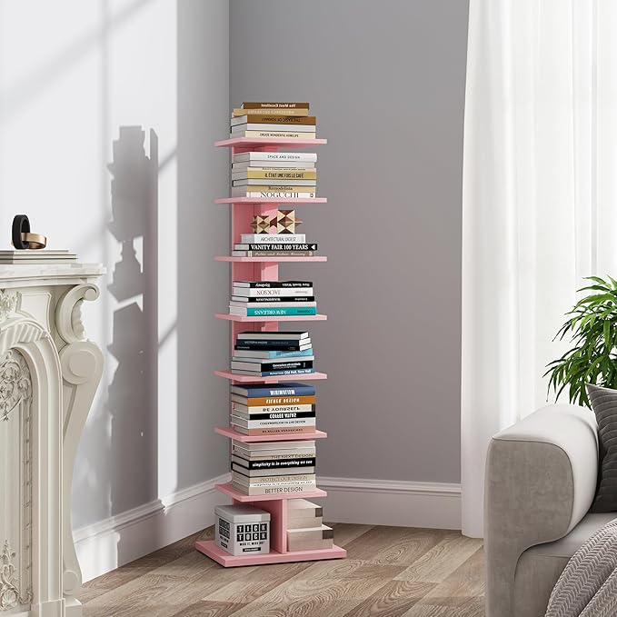 TUTOTAK Bookshelf, 8-Tier Bookcase, Narrow Spine Book Shelf for Small Space, Corner Standing Shelf for Living Room, Office, Study, Entryway, Pink BS06BP008