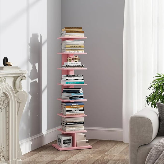 TUTOTAK Bookshelf, 8-Tier Bookcase, Narrow Spine Book Shelf for Small Space, Corner Standing Shelf for Living Room, Office, Study, Entryway, Pink BS06BP008