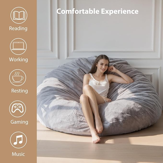 BYBYME 3 in 1 Bean Bag Chair, Convertible Chair Folds from Bean Bag to Lounger, High-Density Foam Filling, Faux Fur Big Sofa Bed, Giant Bean Bag Chair Bed for Adults