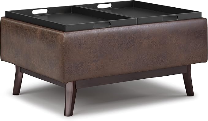 SIMPLIHOME Owen 34 inch Wide Mid Century Modern Rectangle Coffee Table Storage Ottoman Distressed Chestnut Brown/Flip Over Tray top