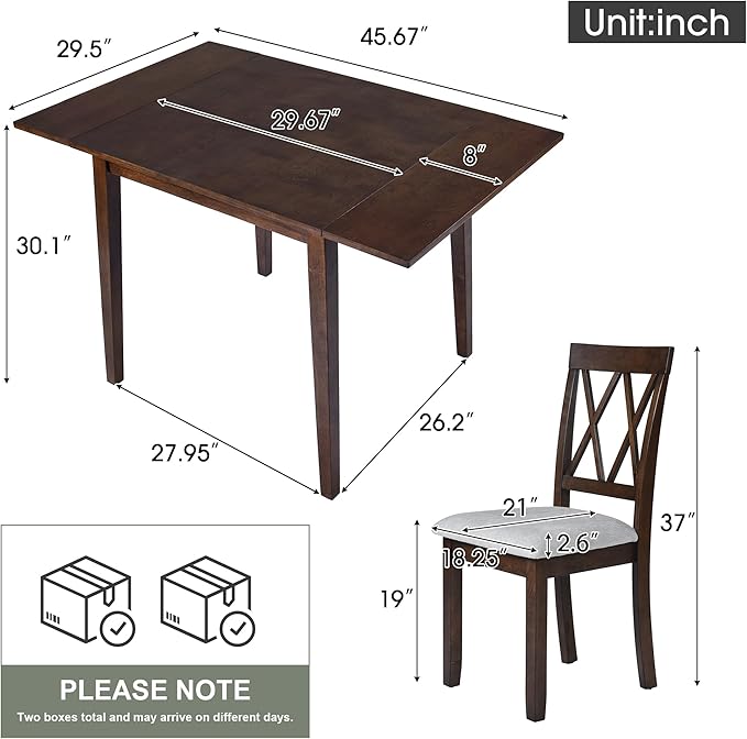 Merax Farmhouse Wooden Dining Set of 3, 45.6 inch Extendable Kitchen Table with Drop Leaf, 2 Chairs with Backrest for Small Space, Easy Assemble Brown