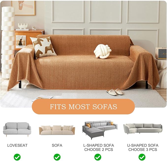STACYPIK Thick Burnt Orange Sofa Cover, Breathable Chenille Couch Cover for Sectional, Pet Friendly Protector for 3 Cushion Couch, Pumpkin Loveseat Cover for L-Shaped, Washable Sofa Slipcover-71X150IN
