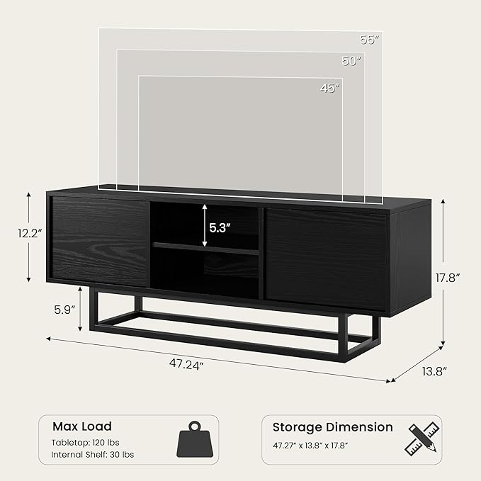 HAIOOU TV Stand for 50 55 Inch TV, Modern TV Console Small Entertainment Center with Sturdy Metal Base, Push-to-Open Doors and Soft-Close Hinges for Living Room, Bedroom - Wood Grain Black