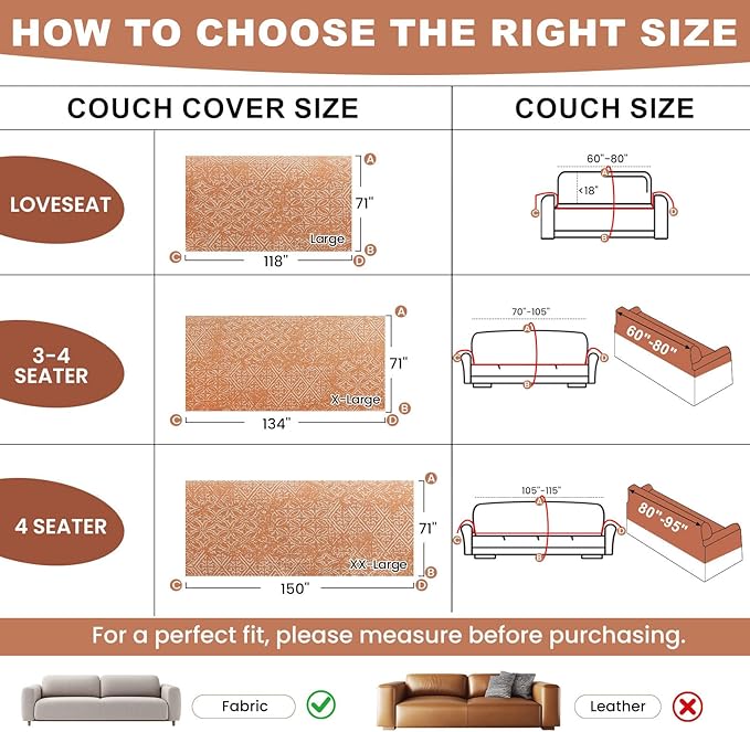 STACYPIK Boho Large Sofa Cover for Pets, Orange Geometric Couch Cover for 2 Cushion Sofa, Washable Dogs Protector for Living Room Anti-Slip Sectional Covers for Loveseat Tassel Throw Blanket-71X118IN