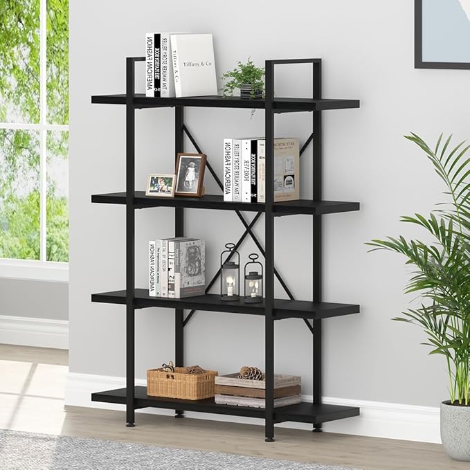 HSH 4 Tier Black Bookshelf, Industrial Metal Wood Storage Book Shelves, Modern Open 4 Shelf Bookcase and Display Etagere, Vertical Book Shelf for Bedroom Living Room Office