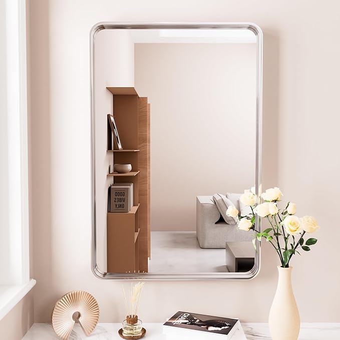 Brushed Nickel Bathroom Mirror 24x32 Inch, Brushed Silver Metal Frame Mirror Wall Mounted, Rounded Rectangle Bathroom Vanity Mirror, Tempered Glass, Anti-Rust, Horizontal/Vertical