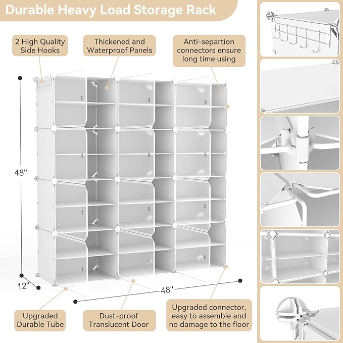 Portable Shoe Rack Organizer with Door, 48 Pairs Storage Cabinet Easy Assembly, Plastic Adjustable Stackable Detachable Free Standing DIY Expandable 8 Tier White, (NNF-XJ-012)