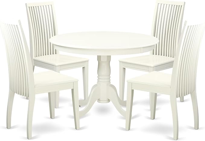 East West Furniture HLIP5-LWH-W 5 Piece Kitchen Table Set for 4 Includes a Round Dining Table with Pedestal and 4 Dining Room Chairs, 42x42 Inch, Linen White