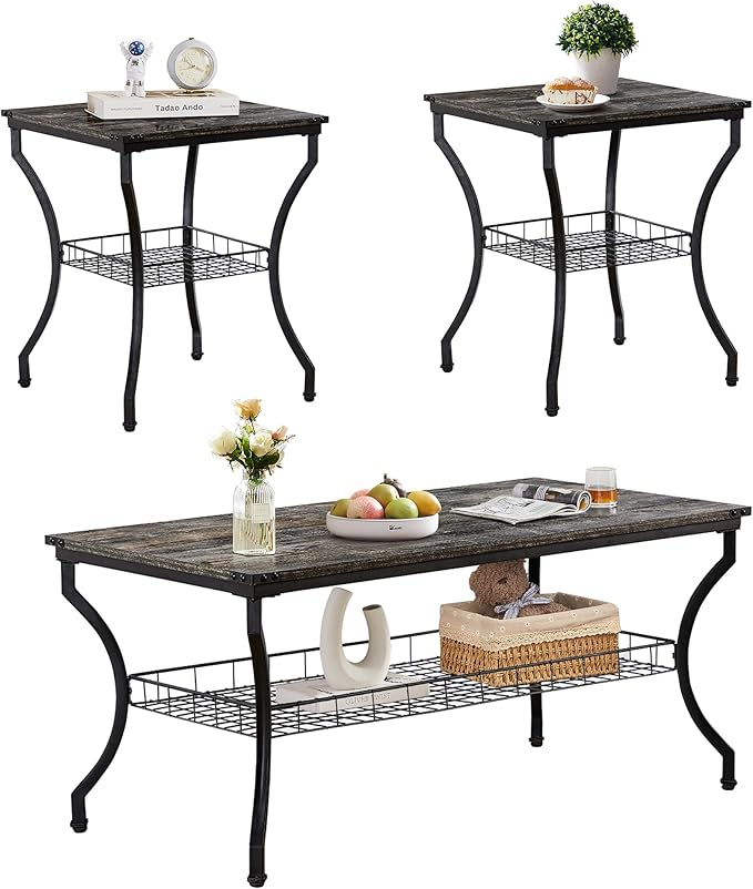 VECELO 3 Pieces Living Room Table Sets, Coffee and End Tables with Open Storage Shelves for Apartment, Home Office, Small Space, Easy Assembly, Grey Oak