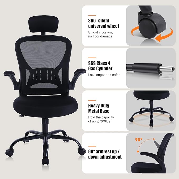 ralex-chair Ergonomic Office Chair with Adjustable Headrest & Lumbar Support, Desk Chair with Flip-Up Armrests, Comfortable for Home, Office, Conference Room