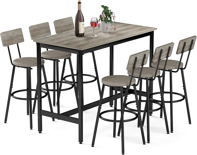 Dining Table Set for 6, 7-Piece Bar Table Set, Kitchen Table and Chairs, Counter Height High Top Table with 6 PU Upholstered Stools, Space-Saving Pub Tables Set for Small Space, Grey