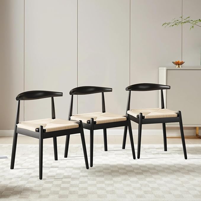 Mid Century Modern Dining Chairs Set of 2, Wooden Frame Kitchen Chairs for Table,Woven Rattan Seat,Perfect for Tea Rooms or Cafés,Backyard Patio Beige