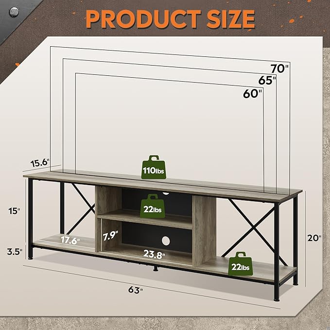 WLIVE TV Stand for 70 Inch TV, Entertainment Center with Storage, Industrial TV Console for Living Room and Bedroom, Greige