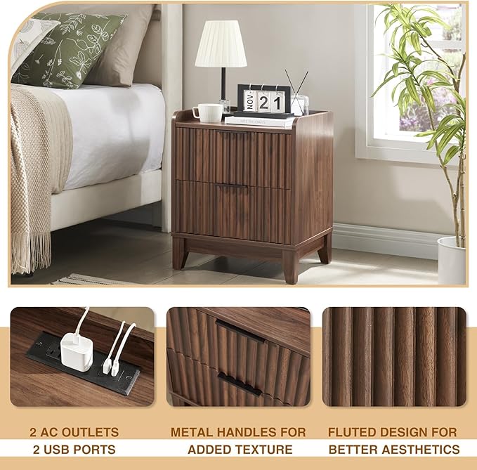 Wnutrees Fluted Nightstand with Charging Station, Modern Bedside Table with 2 Drawers, Farmhouse Wooden End Side Table for Living Room, 2Pack, Brown