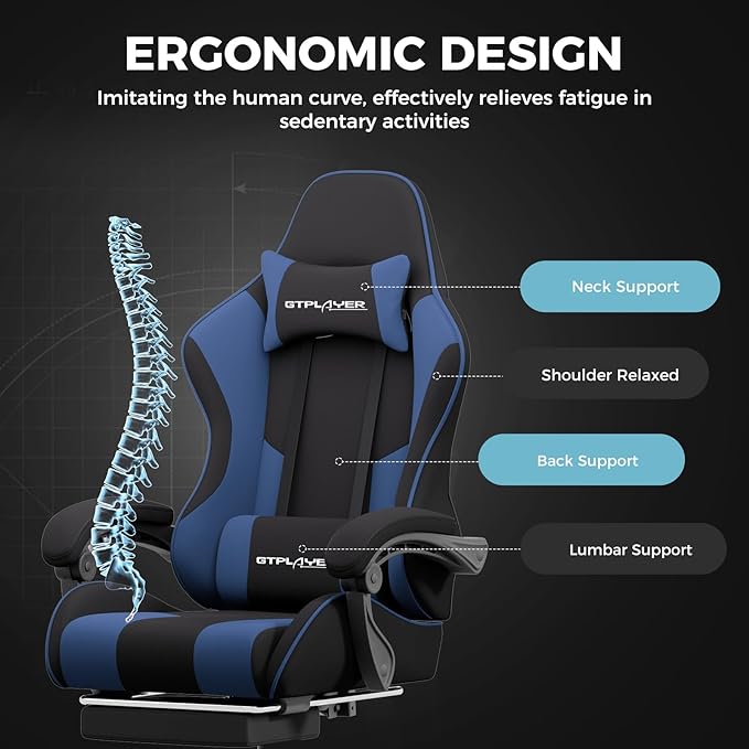 GTPLAYER Gaming Chair, Computer Chair with Footrest and Lumbar Support, Height Adjustable Game Chair with 360°-Swivel Seat and Headrest and for Office or Gaming (Blue, Fabric)