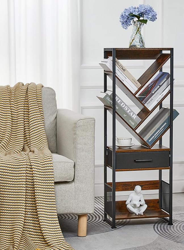 Bookshelf with Drawer,8 Tier Tree Bookcase Retro Floor Standing Bookshelves,Tall Wood Bookcases with Cabinet Storage Organizer for Living Room, Bedroom & Home Office, Classic