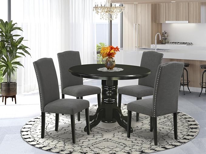 East West Furniture SHEN5-BLK-20 5 Piece Dining Room Table Set Includes a Round Kitchen Table with Pedestal and 4 Dark Gotham Linen Fabric Upholstered Chairs, 42x42 Inch, Black