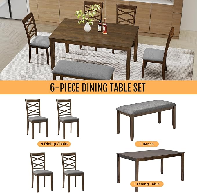 6-Piece Solid Wood Dining Table Set, Includes 1 Dining Table, 4 Upholstered Chairs and 1 Bench, Wooden Legs Dining Table Set for Dining Room, Kitchen, Restaurant, Walnut